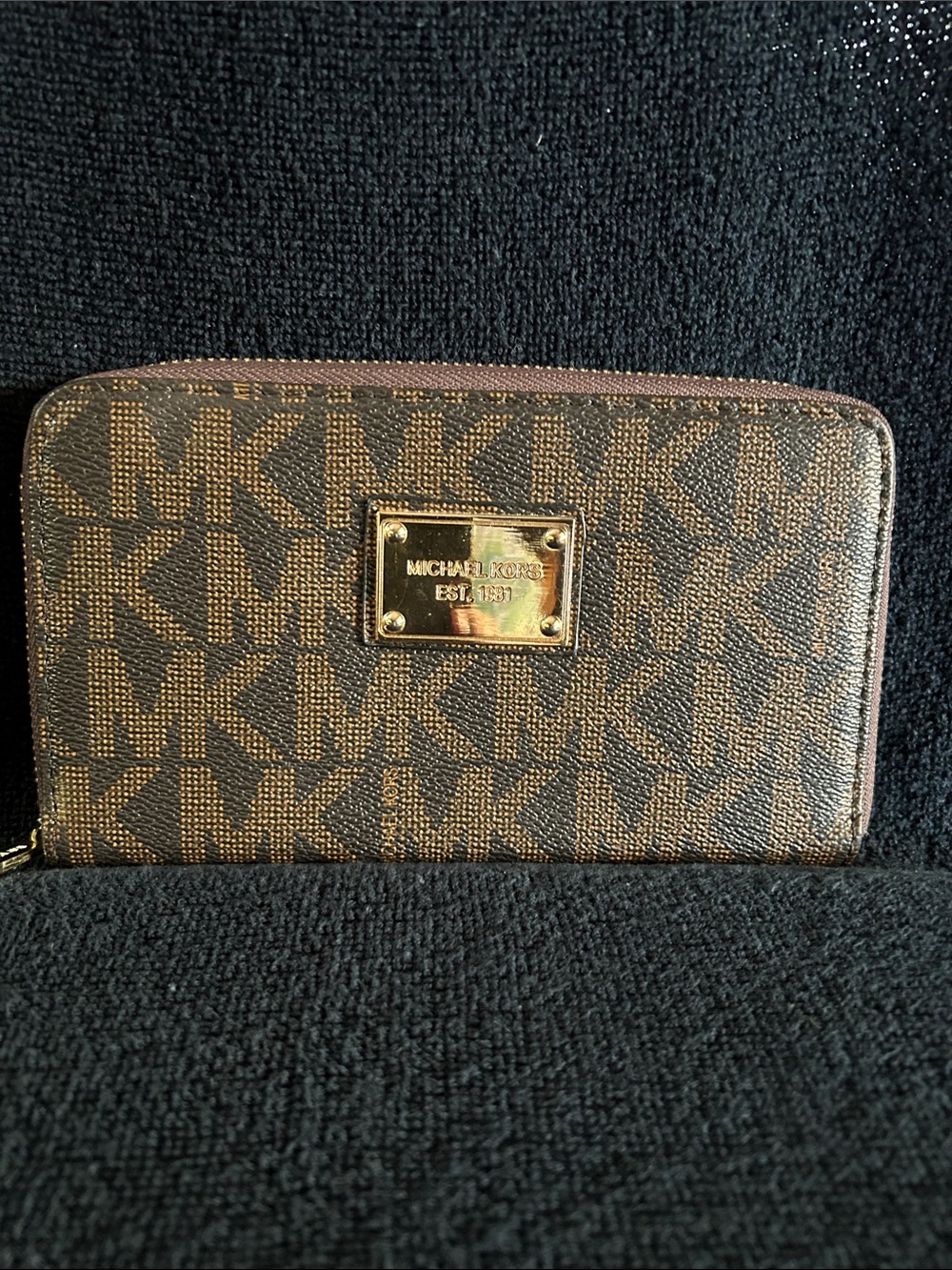 Michael Kors Zip Around Continental Brown & Gold MK Signature Zip Wallet